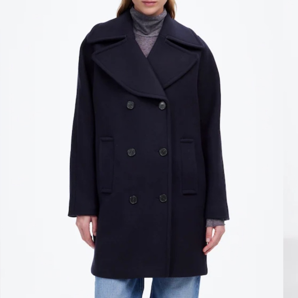 NWT Madewell Oversized Pea Coat Navy Sz Small Wool fully lined